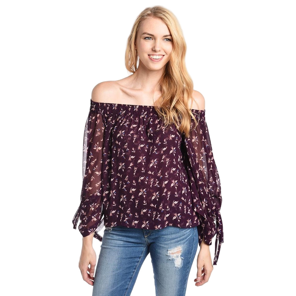MISA‎ Los Angeles Size M Adeli Top Off Shoulder Viscose Purple Floral Sheer Boho